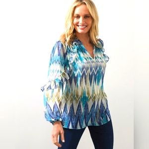 Chico's Ikat Pagoda Blue Clip Dot Metallic Gold Top - Chico's 3 / XL